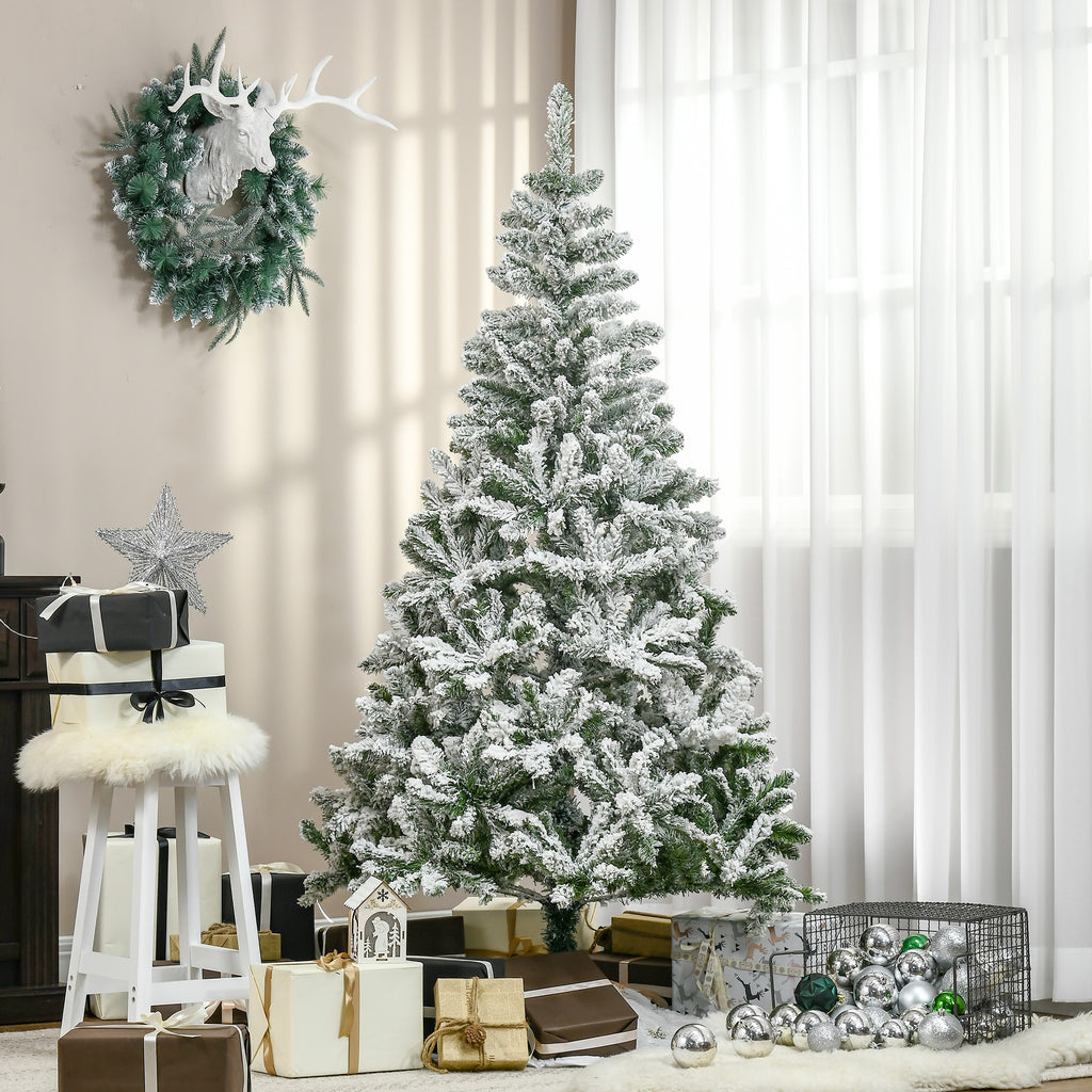 6 Ft Snow Flocked Artificial Christmas Tree Xmas Pine Tree with Realistic Branches, Auto Open and Steel Base, Green