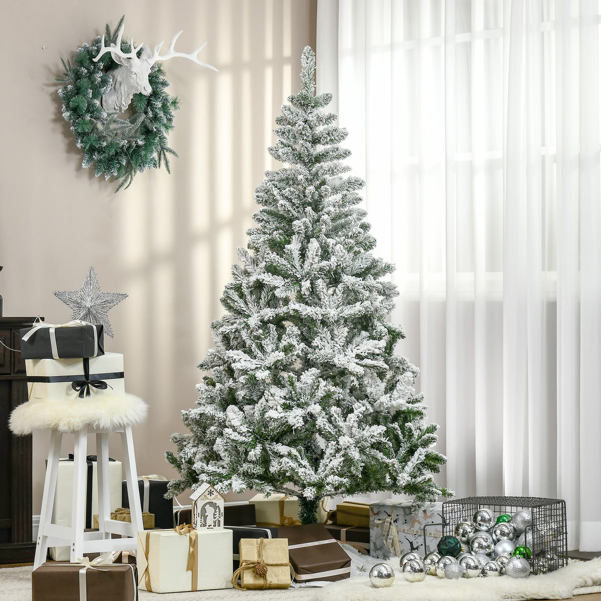 6 Ft Snow Flocked Artificial Christmas Tree Xmas Pine Tree with Realistic Branches, Auto Open and Steel Base, Green