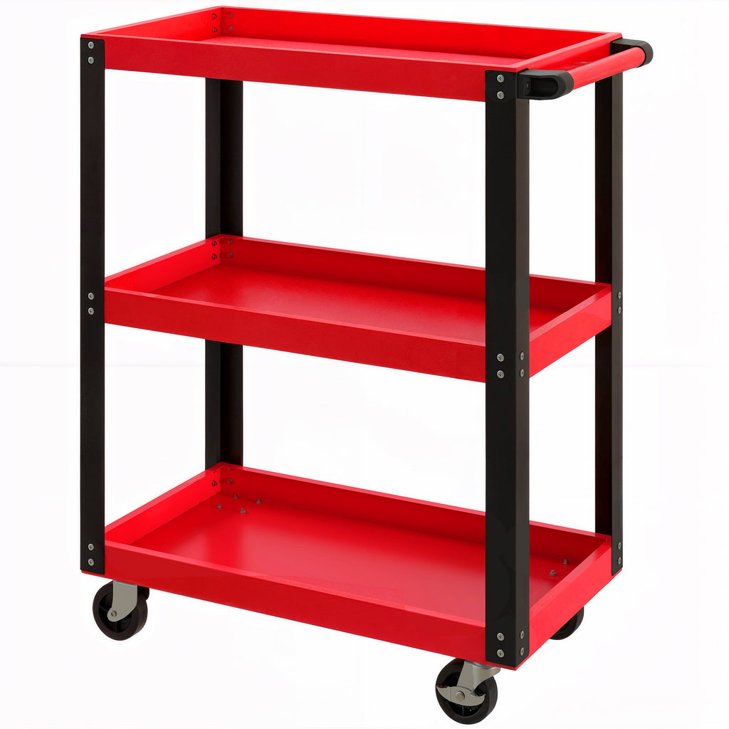 Werkzeugwagen mit 3 Ebenen, Metallrahmen, 120 kg Belastbarkeit, Rollen, Griff, Rot
