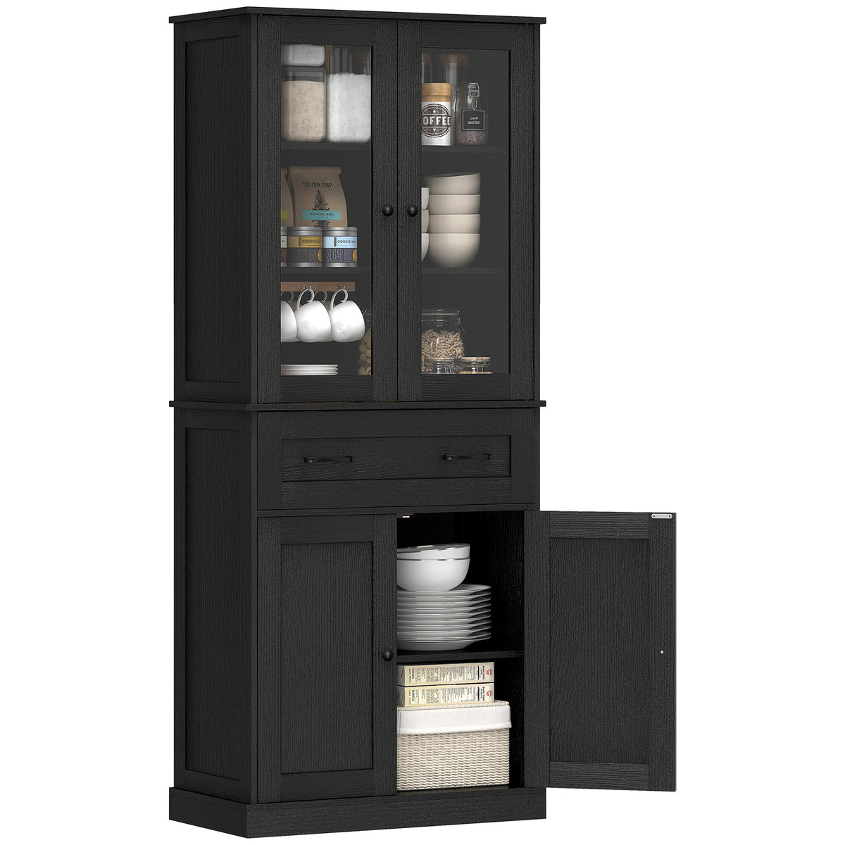 K¨¹chenschrank, Buffet, Acrylfront, Schubladen, 76 x 40 x 182,5 cm, Schwarz