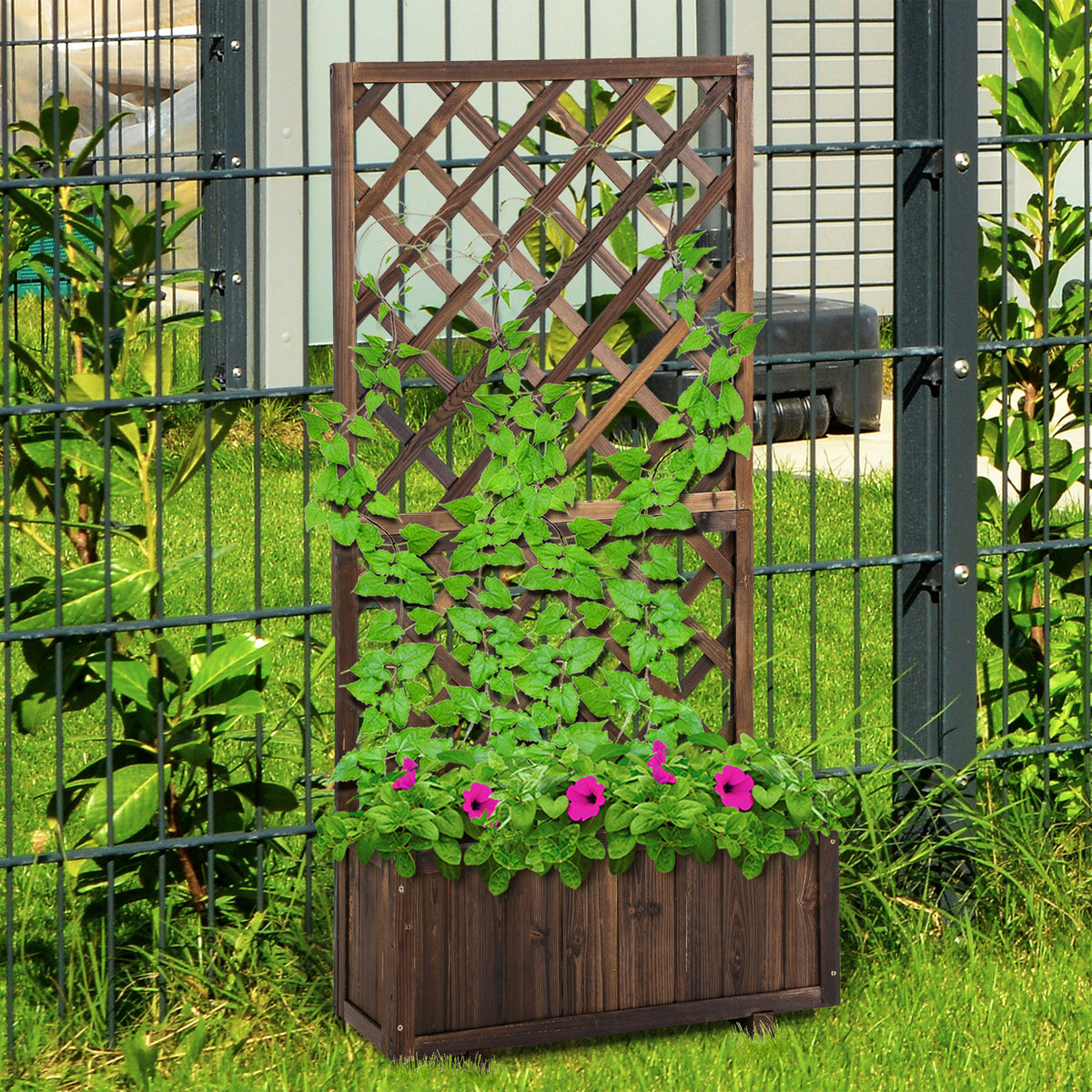 Hochbeet Pflanzenkasten mit Rankgitter, Spalier Pflanzkübel, Blumenkasten Holz, 72,5x31,5x149,5cm für Garten Balkon Terasse, Blumenkübel für Kletterpflanzen, Blumen, Braun