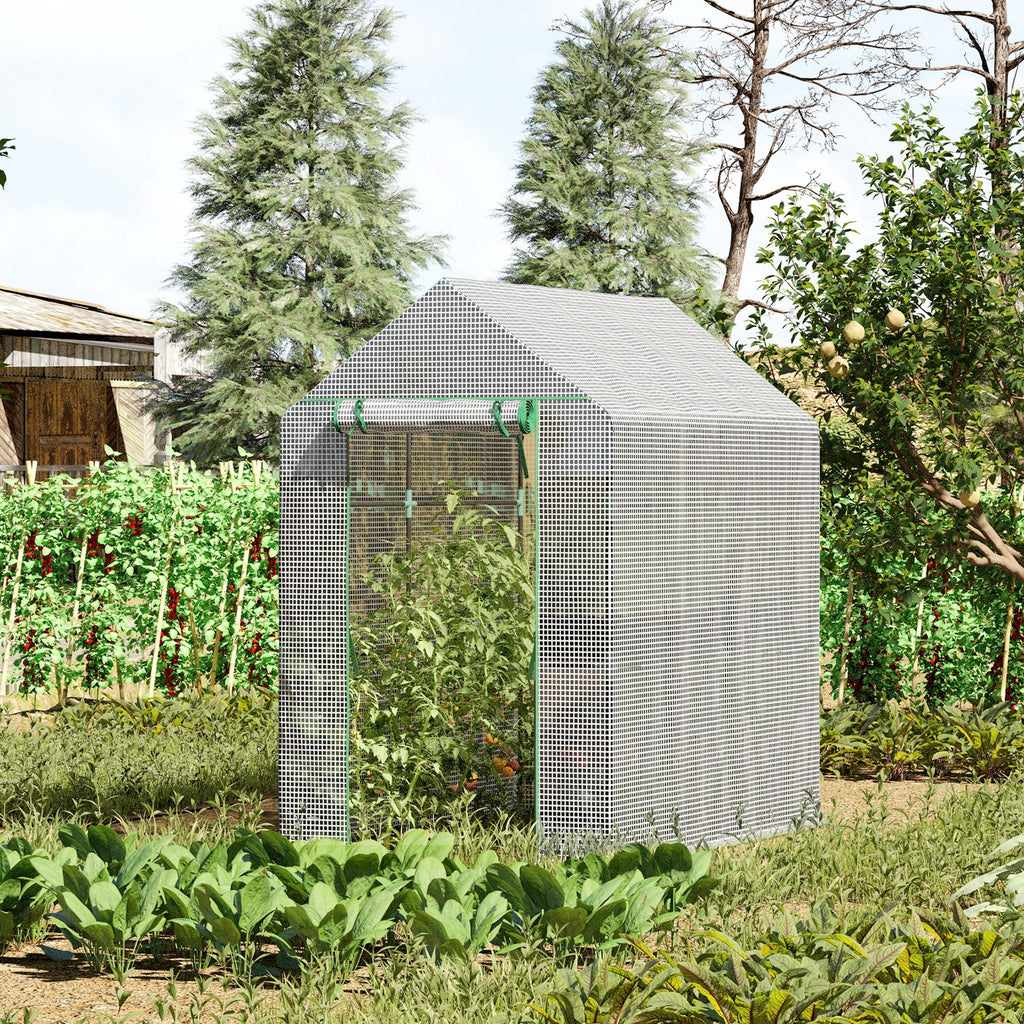  Walk In Greenhouse with 2-Tier Shelves, Roll up Zip Panel Door, Garden Polytunnel Steeple Grow House for Outdoor, 6 x 4 x 6ft White