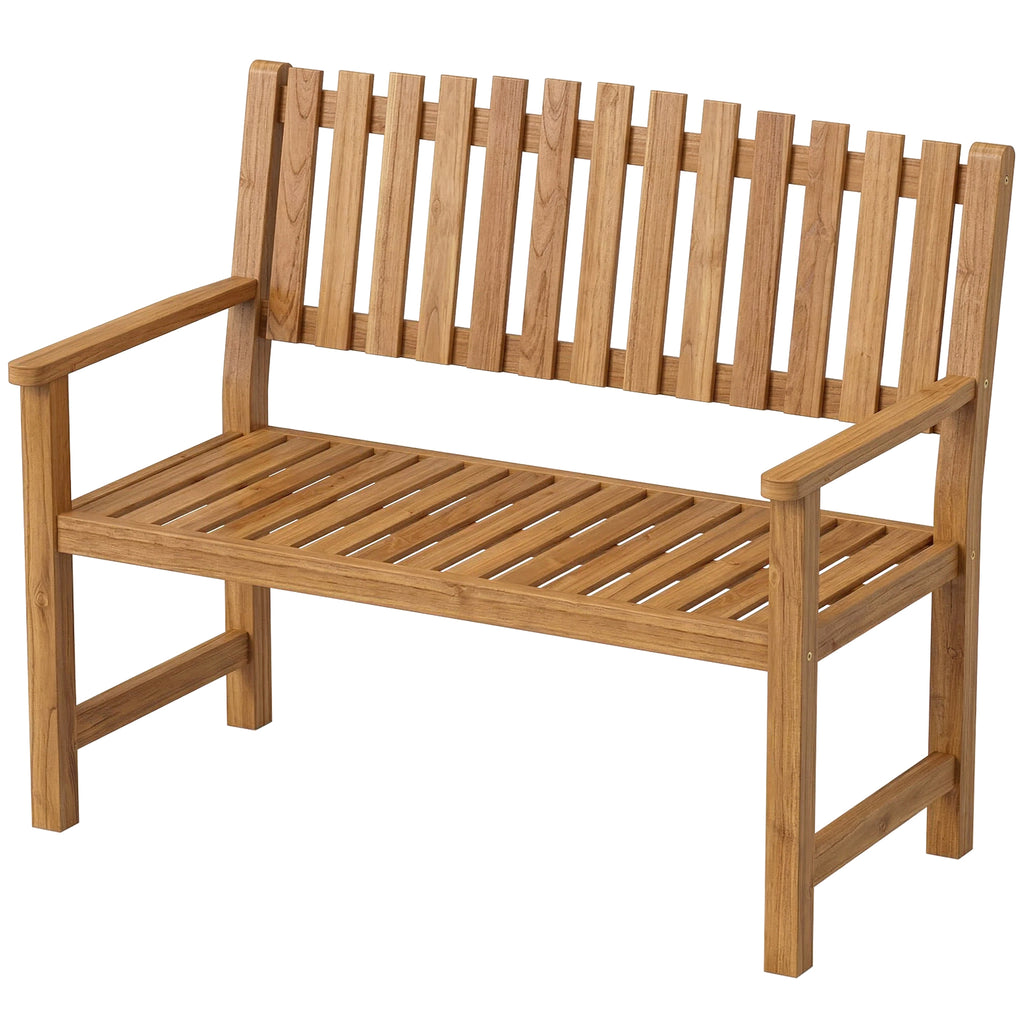 Gartenbank 2-Sitzer Wetterfest Holzbank mit Lamelldesign Armlehnen, Holz Sitzbank bis 320 kg 112 x 64 x 92 cm Naturholz