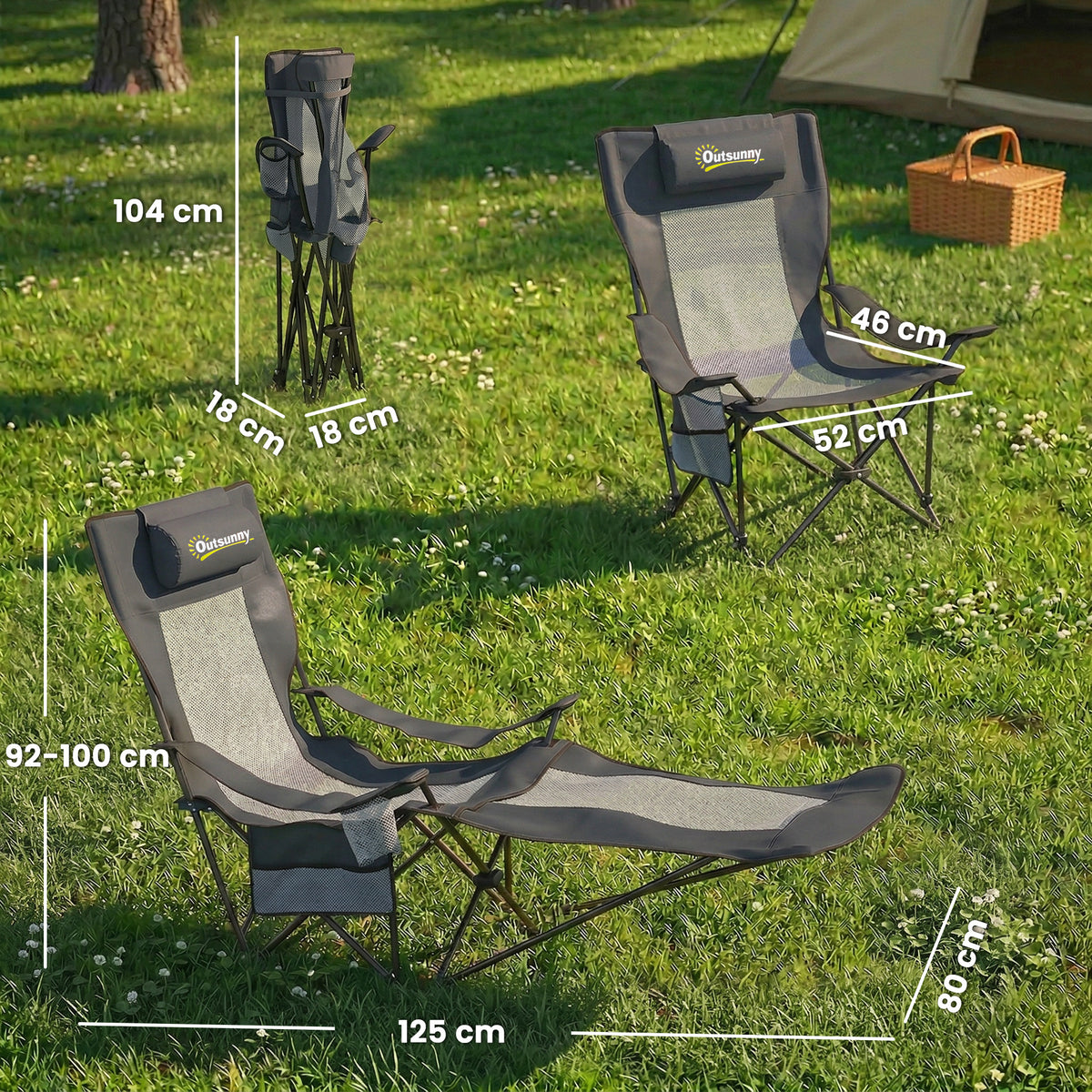 2er Set Campingstuhl faltbar Angelstuhl mit verstellbarer Rückenlehne Fußablage Getränkehalter Kopfstütze Dunkelgrau
