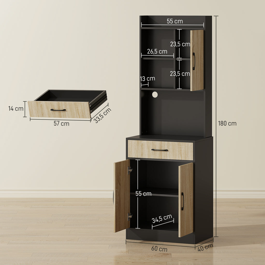 K¨¹chenschrank mit Arbeitsfl?che und Kabelloch, moderne K¨¹chenkommode mit Schublade, 3 offene Regale, Naturholz, Schwarz