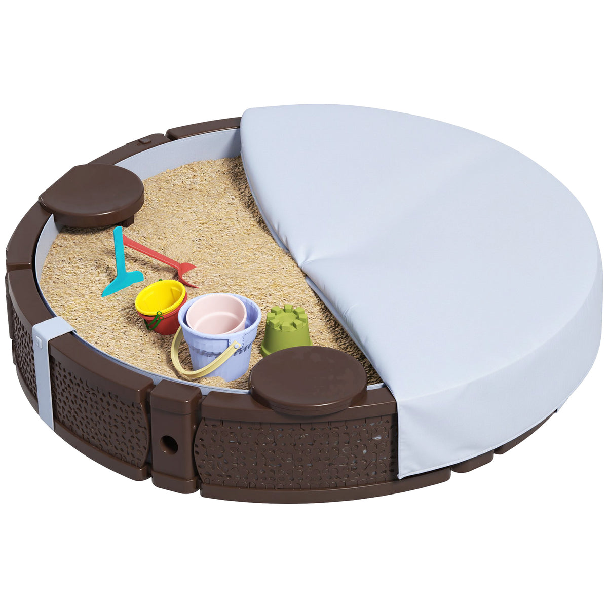 Sandkasten, Runde Sandkiste f¨¹r bis zu 3 Kinder, mit 3 Sitzen, wasserfeste Unterlage, Schutzplane, 300 kg Sand