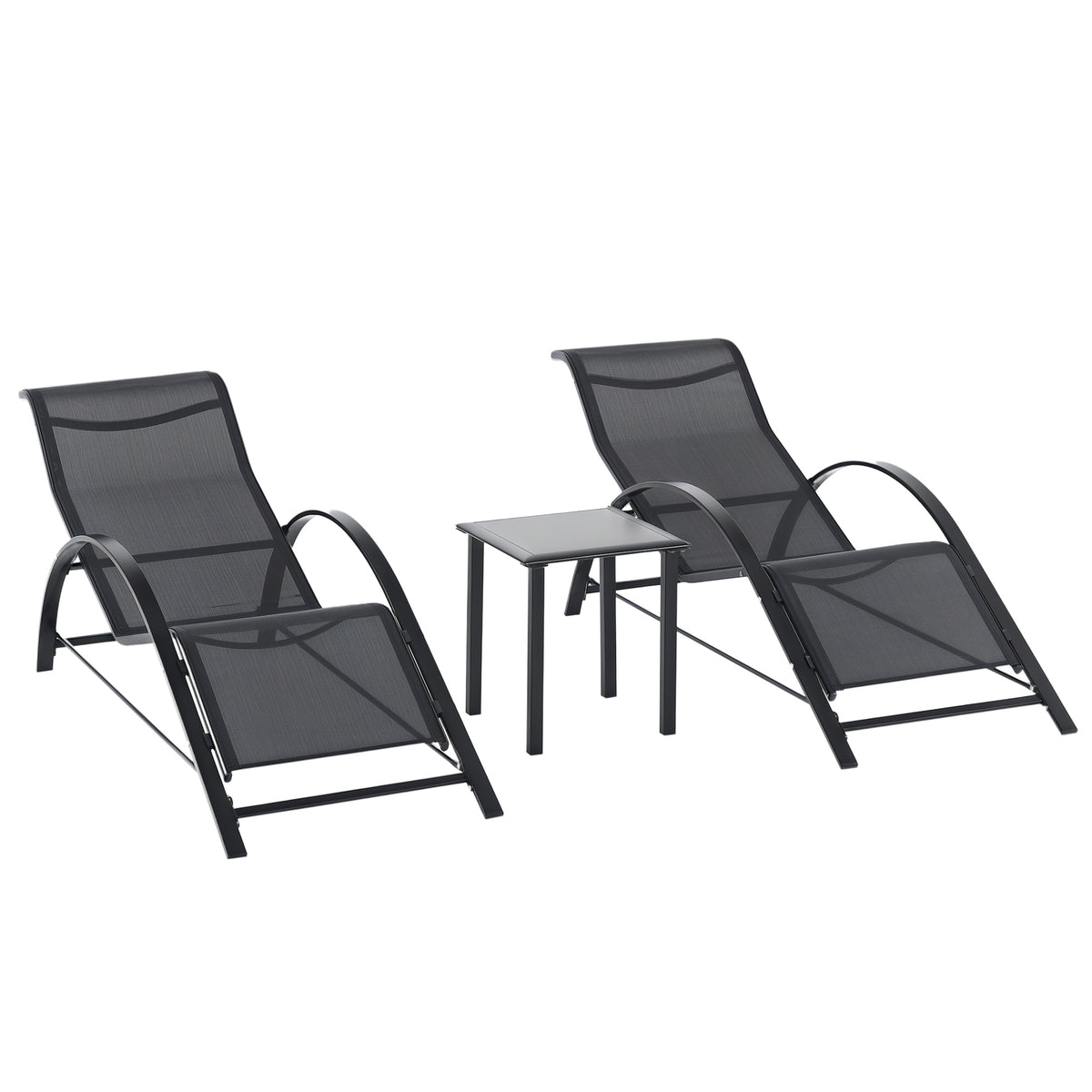 Gartenlounge-Set, 2 Liegen mit Beistelltisch, atmungsaktiver Stoff, stabiler Metallrahmen, Schwarz