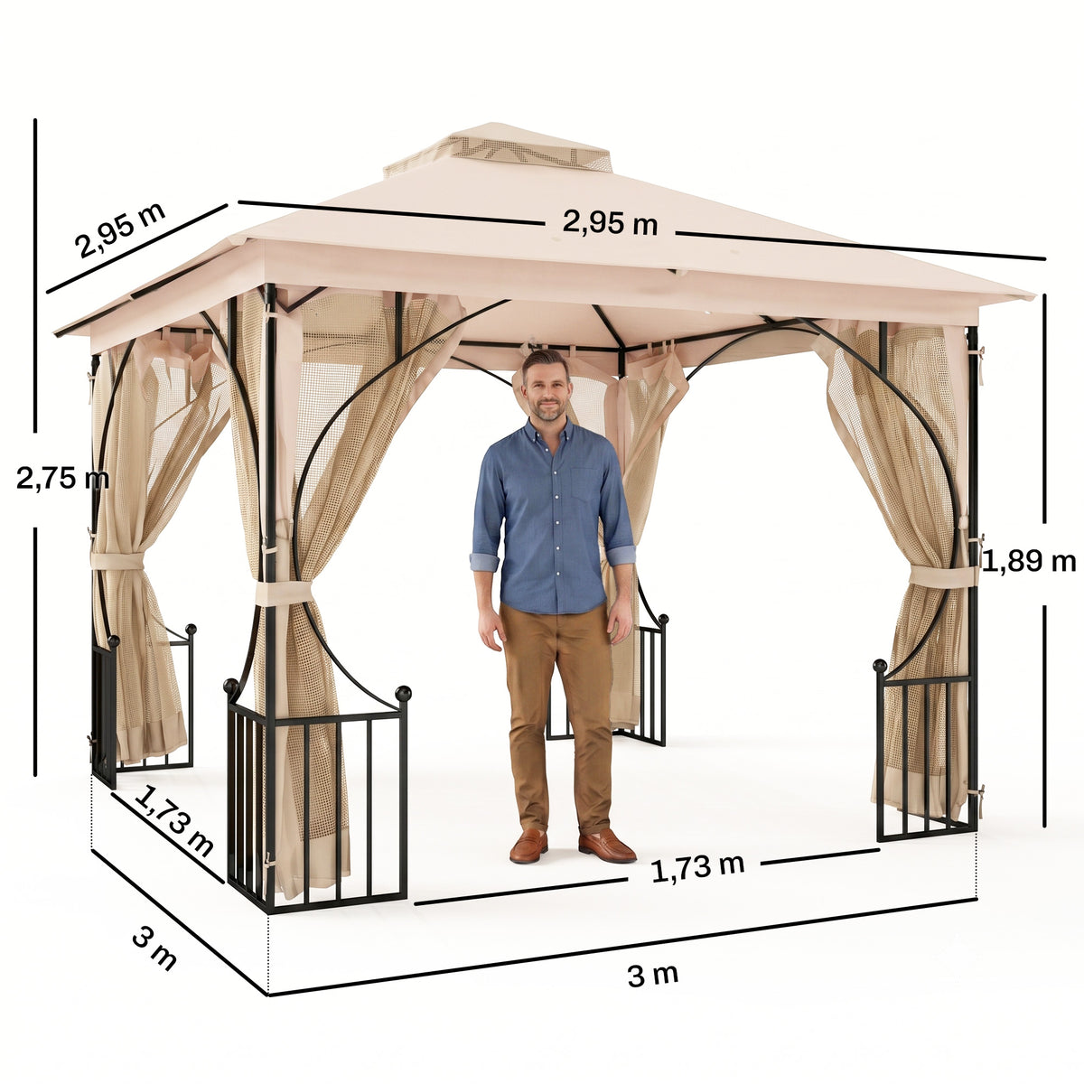Gartenpavillon Gartenzelt, inkl. Befestigungsmaterial, wetterbeständig, 295 cm x 295 cm x 275 cm. Beige + Schwarz