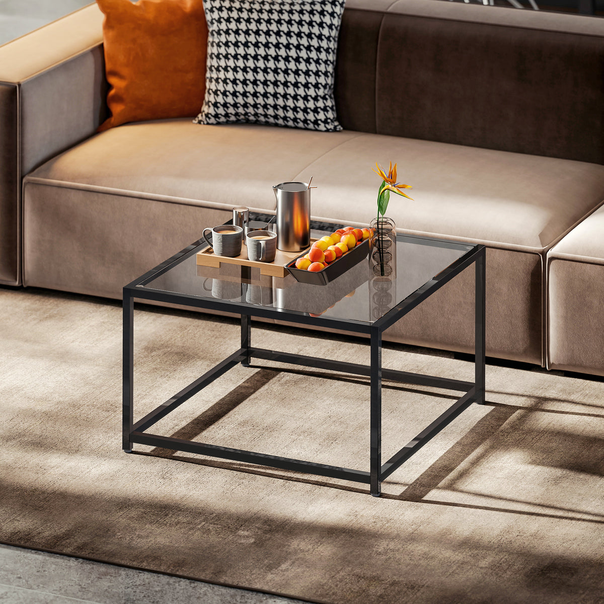 Beistelltisch Quadratisch Nachttisch mit Hartglas-Tischplatte, Couchtisch mit Beinen aus Stahl 68 x 68 x 39 cm Schwarz