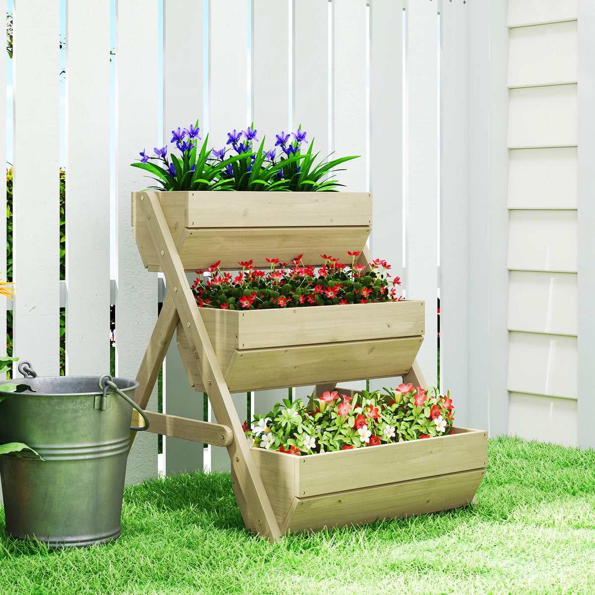 3 Tier Raised Garden Bed Wooden Elevated Planter Box Kit, 66L for Flower, Vegetable, Herb, 65x75x78cm, Green