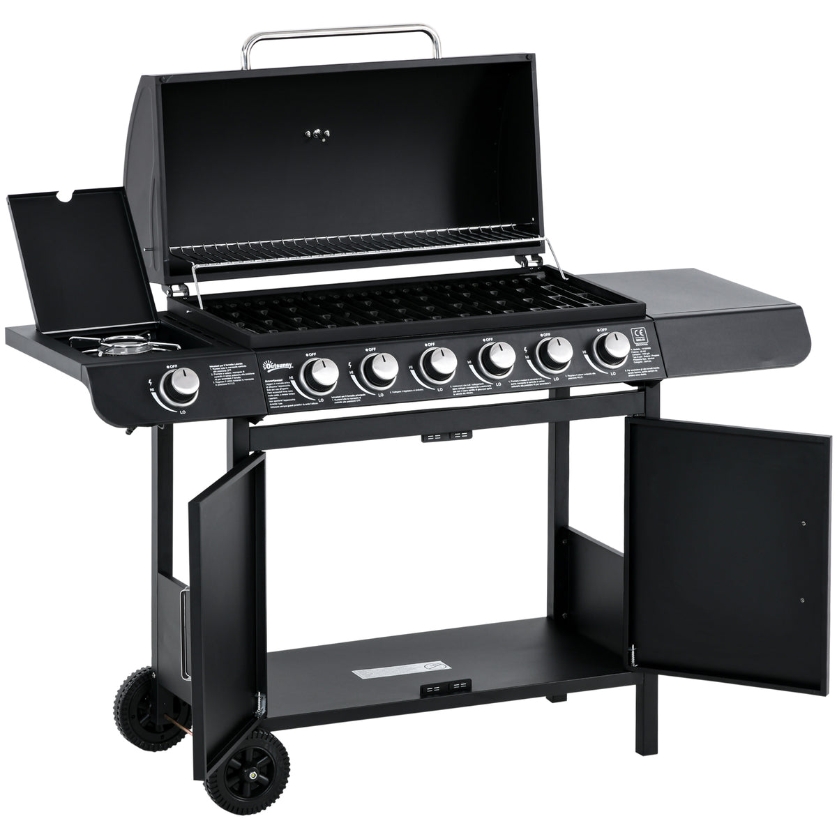 Gasgrill mit 7 Brennern, inkl. Thermometer, BBQ -Grill, mobiler Grill, Schwarz