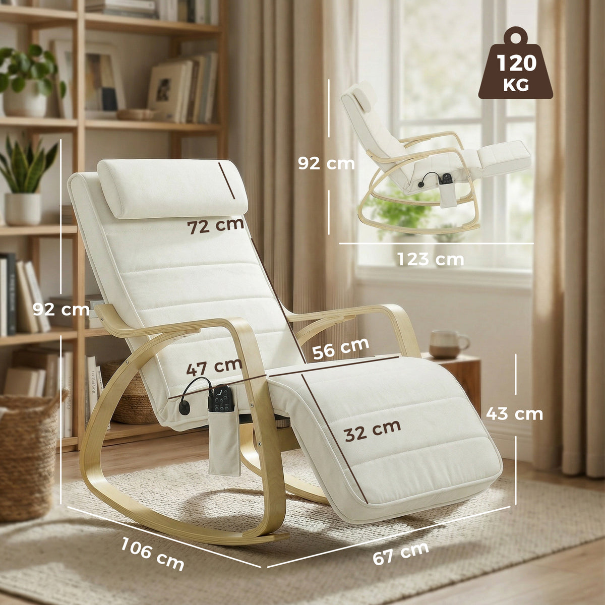 Schaukelstuhl mit Massage, Heizung, Kopfstütze & Fußstütze, Samtbezug, Relaxsessel, Cremeweiß