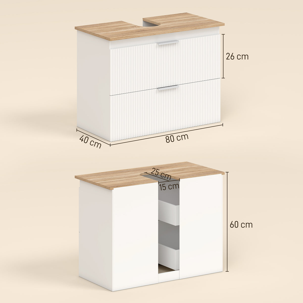 Unterschrank für das Badezimmer, 80 cm Schrank mit zwei großen Schubladen für Waschbecken mit oder ohne Sockel, Weiß