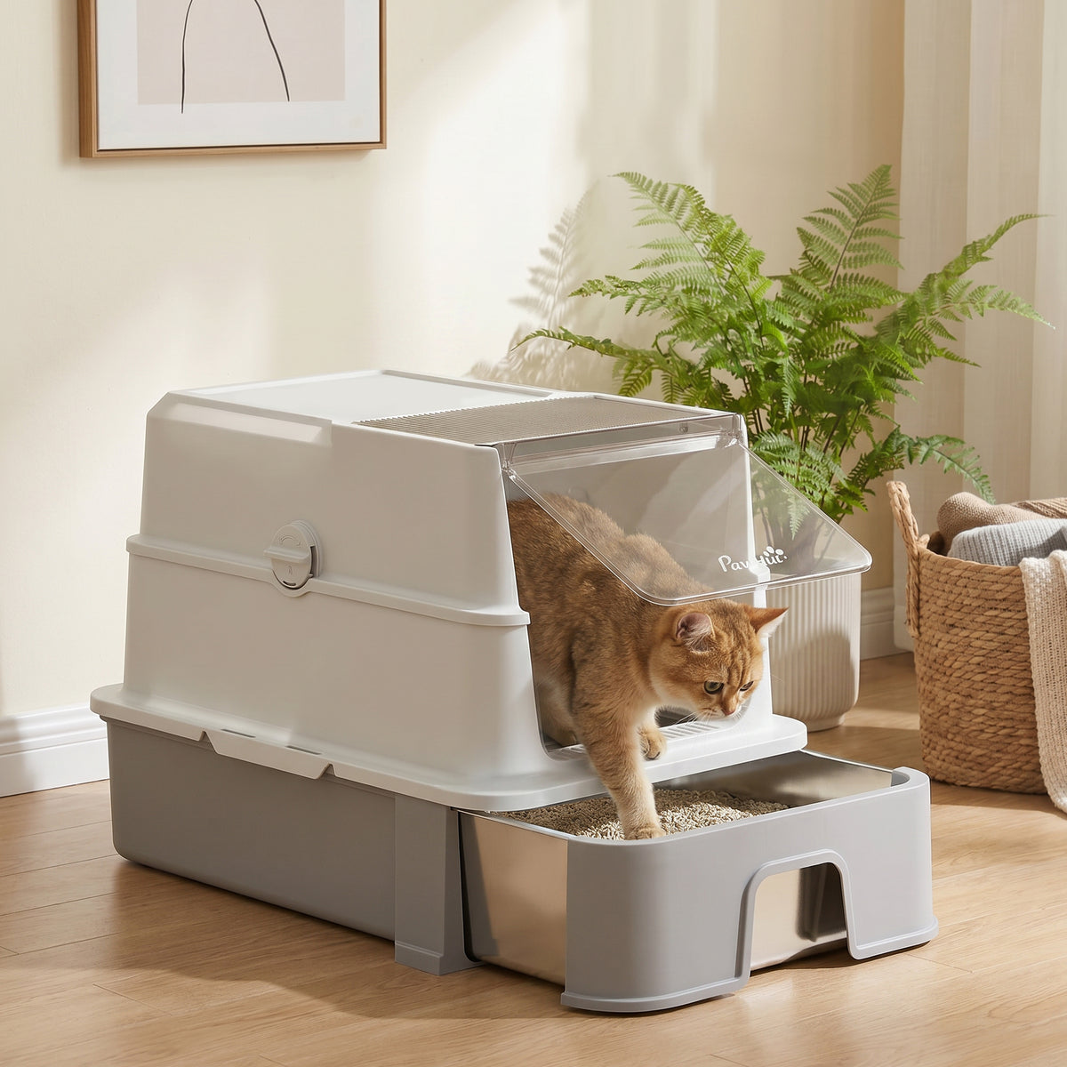 Katzentoilette aus Edelstahl mit Deckel, XL Katzenstreubox mit Schaufel, herausziehbare Wanne, hohe Seiten, leicht zu reinigen, grau