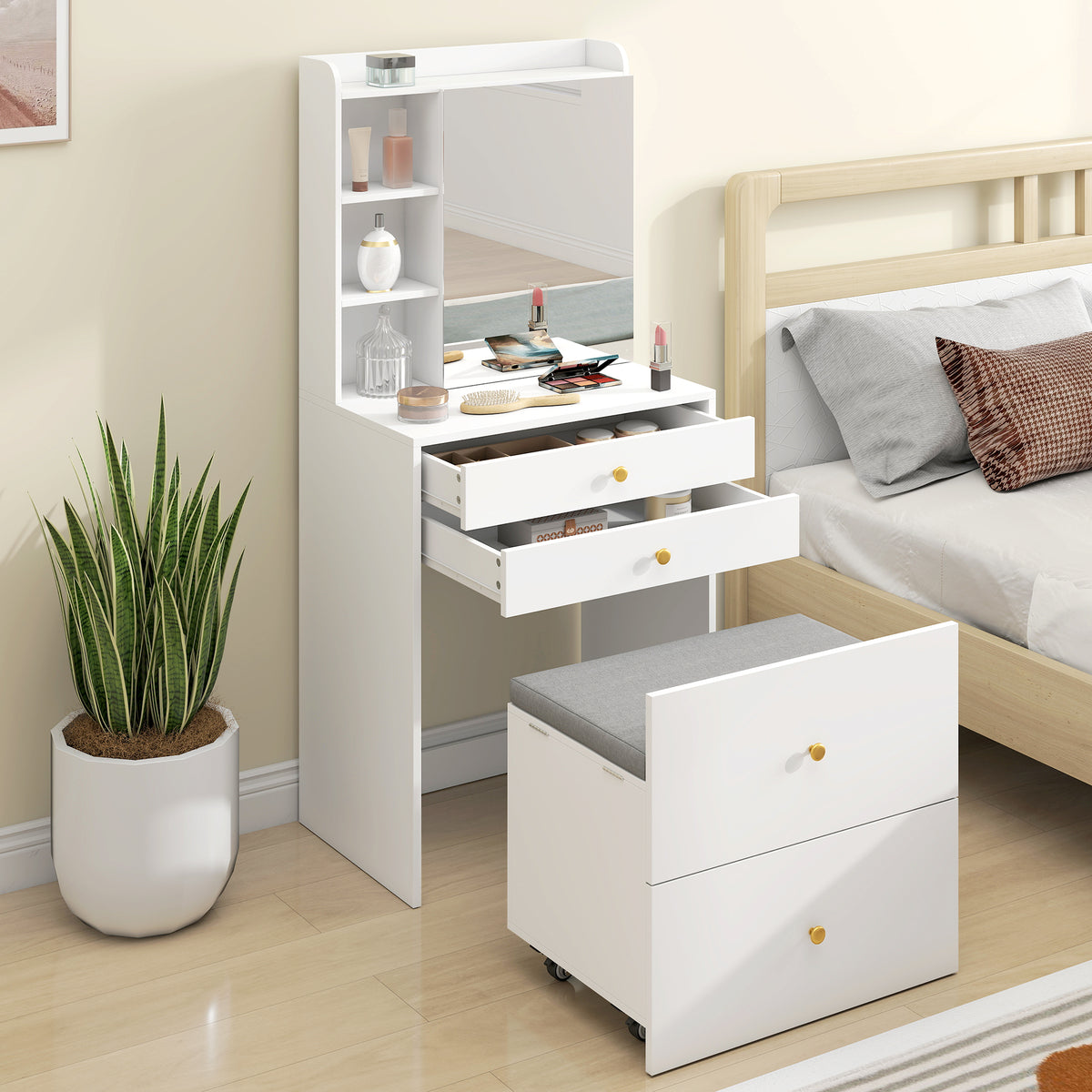 Schminktisch mit Spiegel und gepolstertem Hocker, kompakter Frisiertisch mit Schrank, Schubladen und offenen Ablagen, Weiß