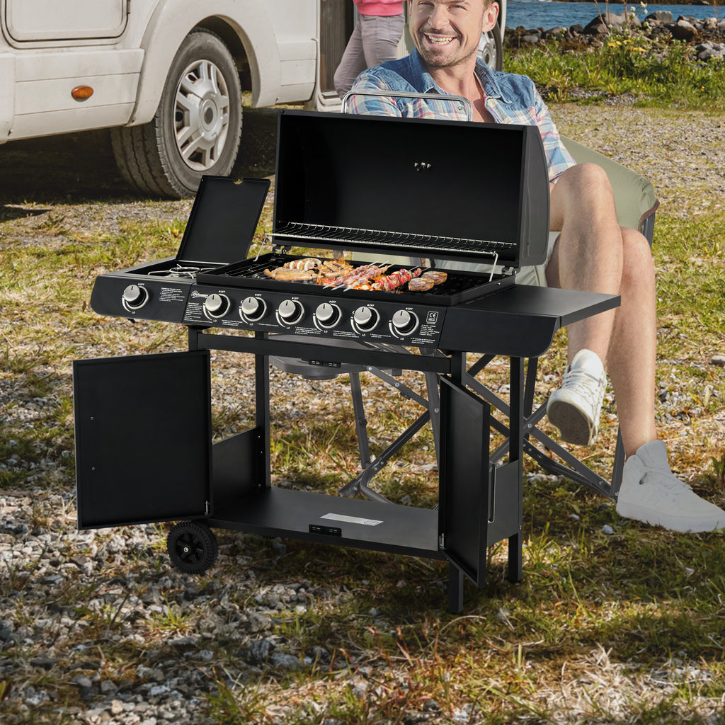 Gasgrill mit 7 Brennern, inkl. Thermometer, BBQ -Grill, mobiler Grill, Schwarz