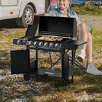 Gasgrill mit 7 Brennern, inkl. Thermometer, BBQ -Grill, mobiler Grill, Schwarz