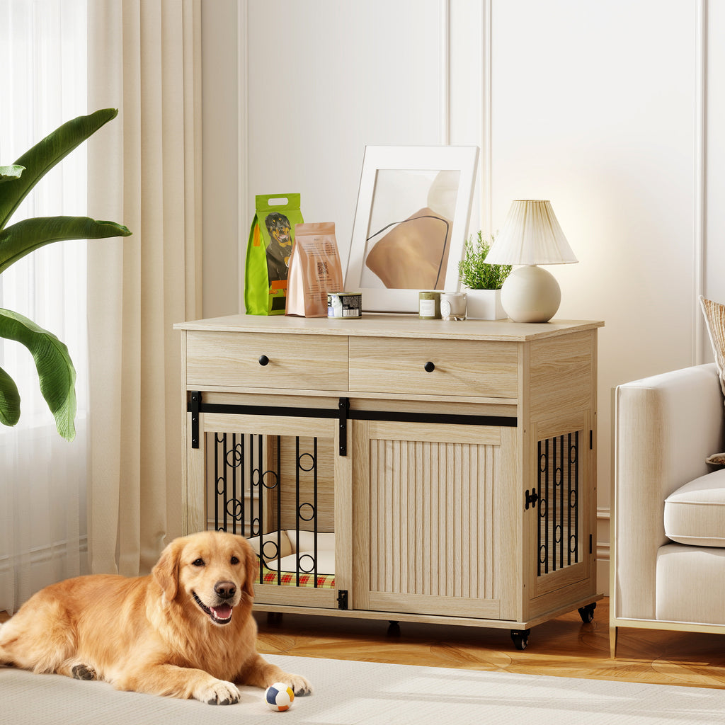 Hundebox auf Rädern, 2 Türen, 2 Schubladen, für mittlere und große Hunde, Holz, Stahl