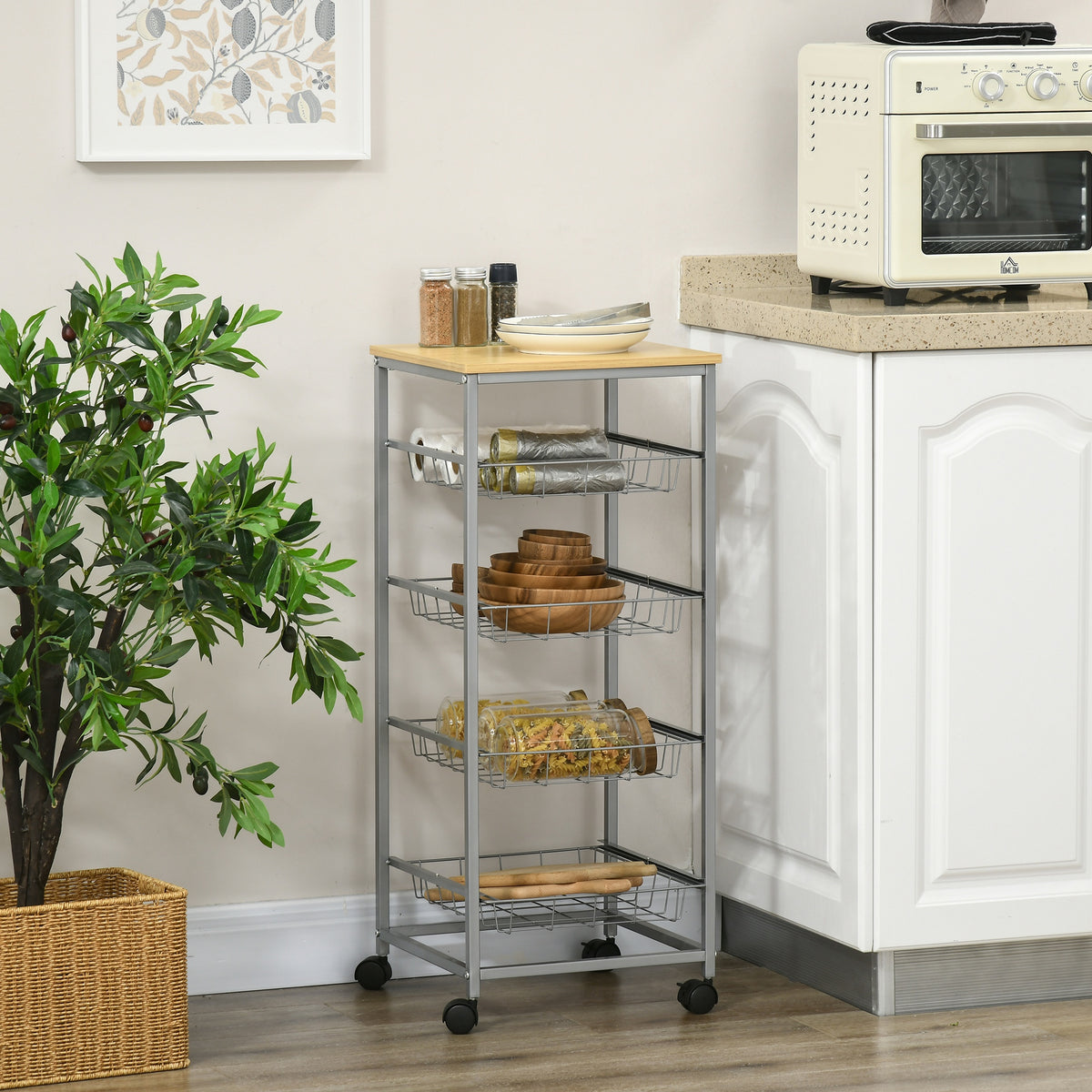 5 Tier Rolling Kitchen Trolley Storage Cart with 4 Wire Baskets Lockable Wheels 36.5L x 36.5W x 89H cm