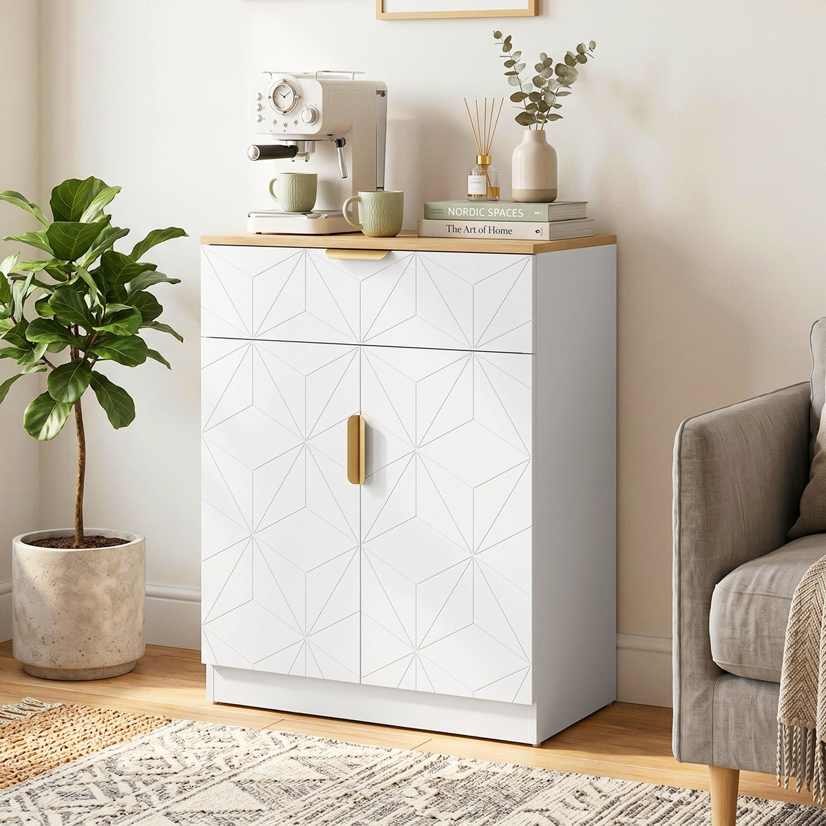 Sideboard, Beistellschrank mit Schublade, verstellbarem Regal, Weiß