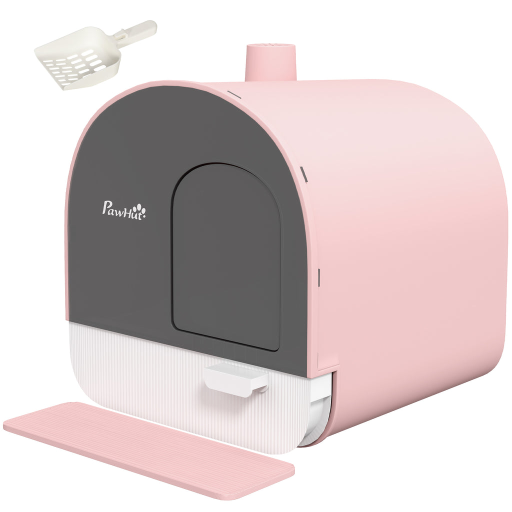 Hooded Cat Litter Box, Kitten Litter Tray, with Lid, Scoop, Filter, Flap Door, Pink