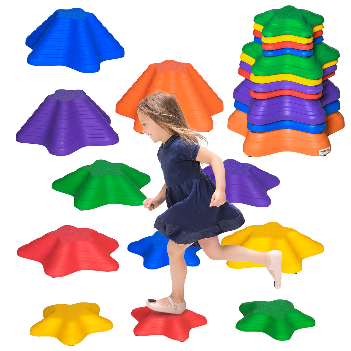  11-Piece Kids Stepping Stones, Starfish Style Non-slip Obstacle Course, Stackable Balance Blocks Garden Toys, Encourage Toddler Sensory Toys Indoor Outdoor - Multicoloured