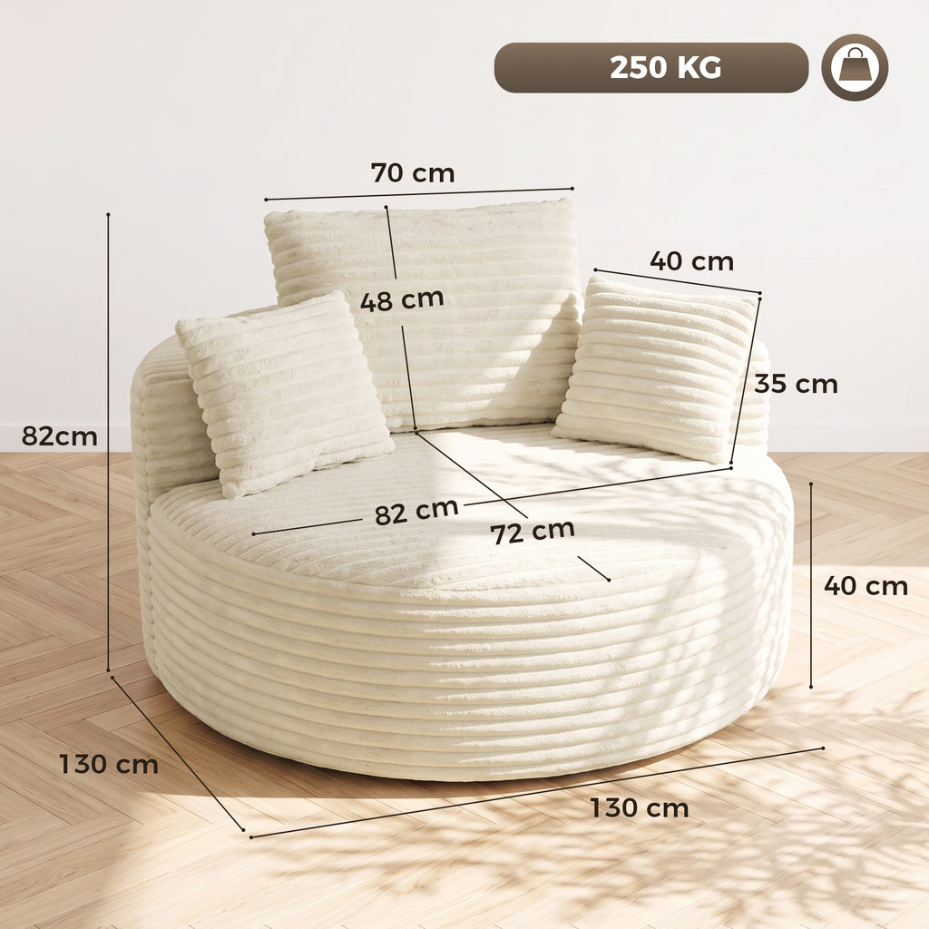 Sessel mit tiefer Sitzfläche, Einzelsofa ohne festen Rahmen, Vollschaum-Design, 4 Kissen, Cremeweiß