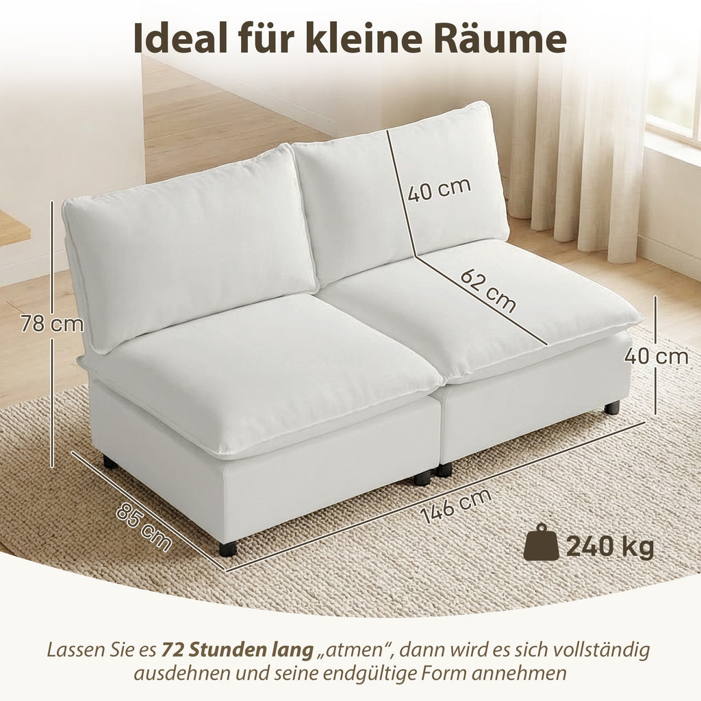 2-Sitzer-Sofa, 146 cm Kunstleder-Modularsofa mit breiter und tiefer Sitzfläche, dicken Kissen, einfache Montage, Grau