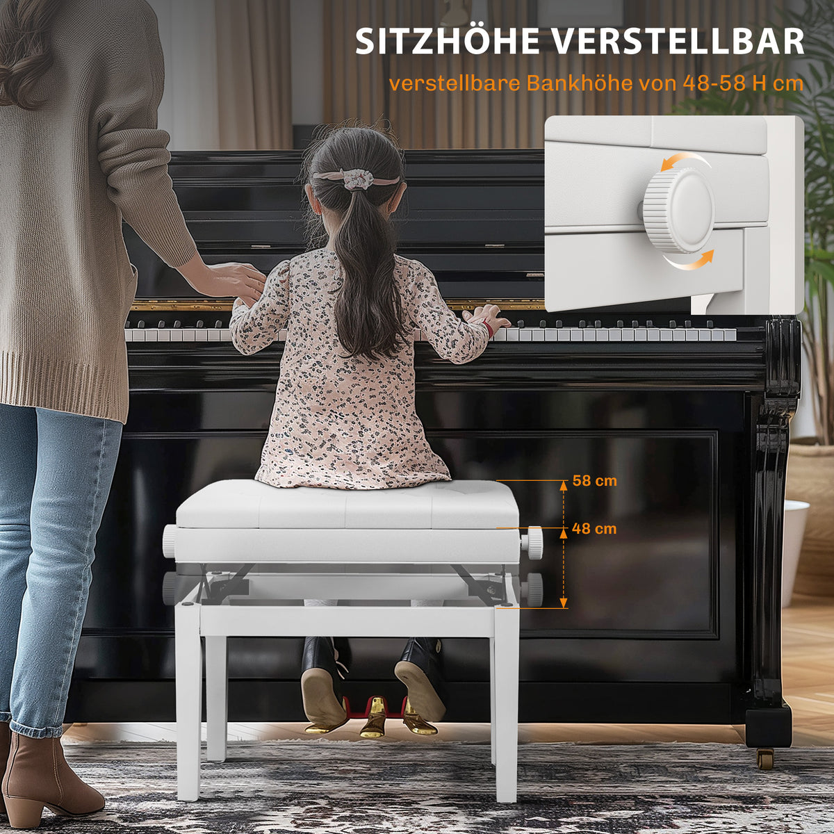 Klavierbank Höhenverstellbar mit Stauraum 54,5x33x48-58cm Weiß