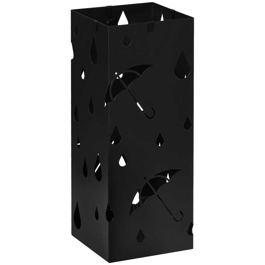 Steel Umbrella Stand, Square Umbrella Holder with 4 Hooks and Removable Drip Tray, Hollowed Umbrella Basket for Hallway, Black