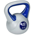 Kugelhantel, Kettlebell, 12 kg, flache Unterseite, großer Griff, Kunststoffmantel, blau, 24 x 17 x 28 cm