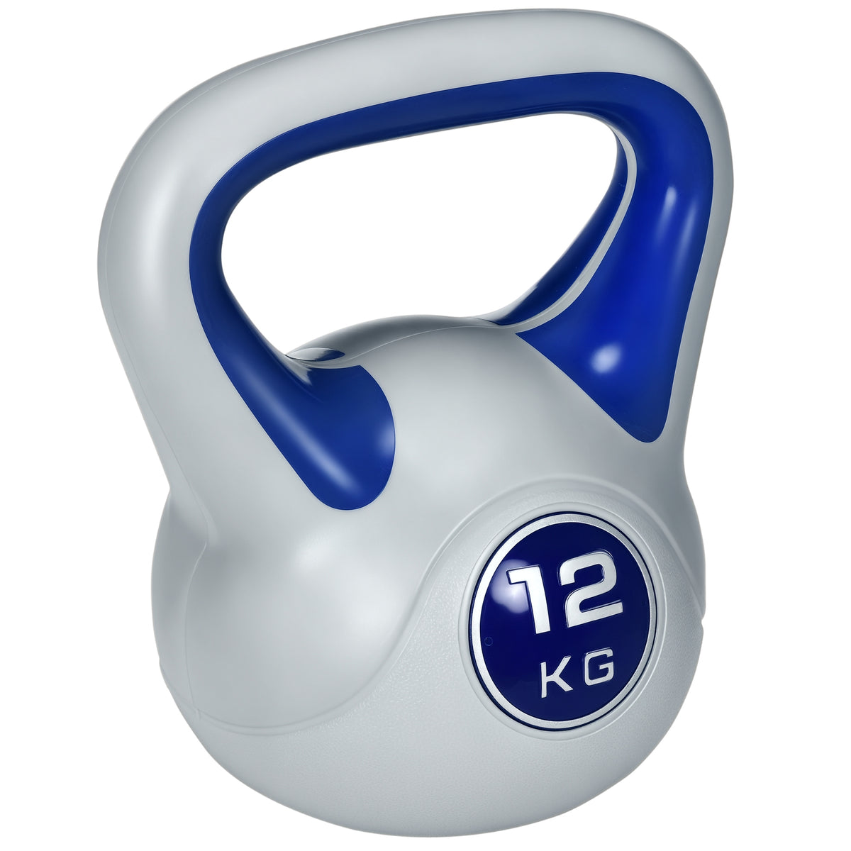 Kugelhantel, Kettlebell, 12 kg, flache Unterseite, großer Griff, Kunststoffmantel, blau, 24 x 17 x 28 cm