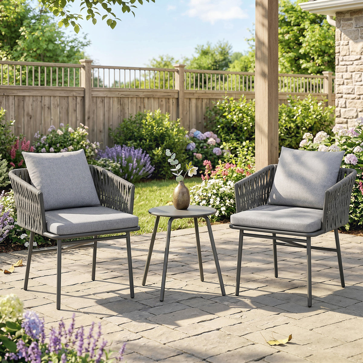 3-teiliges Außenmöbel-Set, 2 Stühle, 1 Tisch, Bistro-Set, Kunst-Rattan, Stahlrahmen, Metalltisch, 4 Kissen, Grau