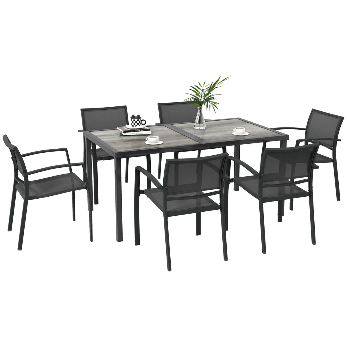 Seven-Piece Casual Outdoor Dining Set, with Wood-Effect Table - Grey
