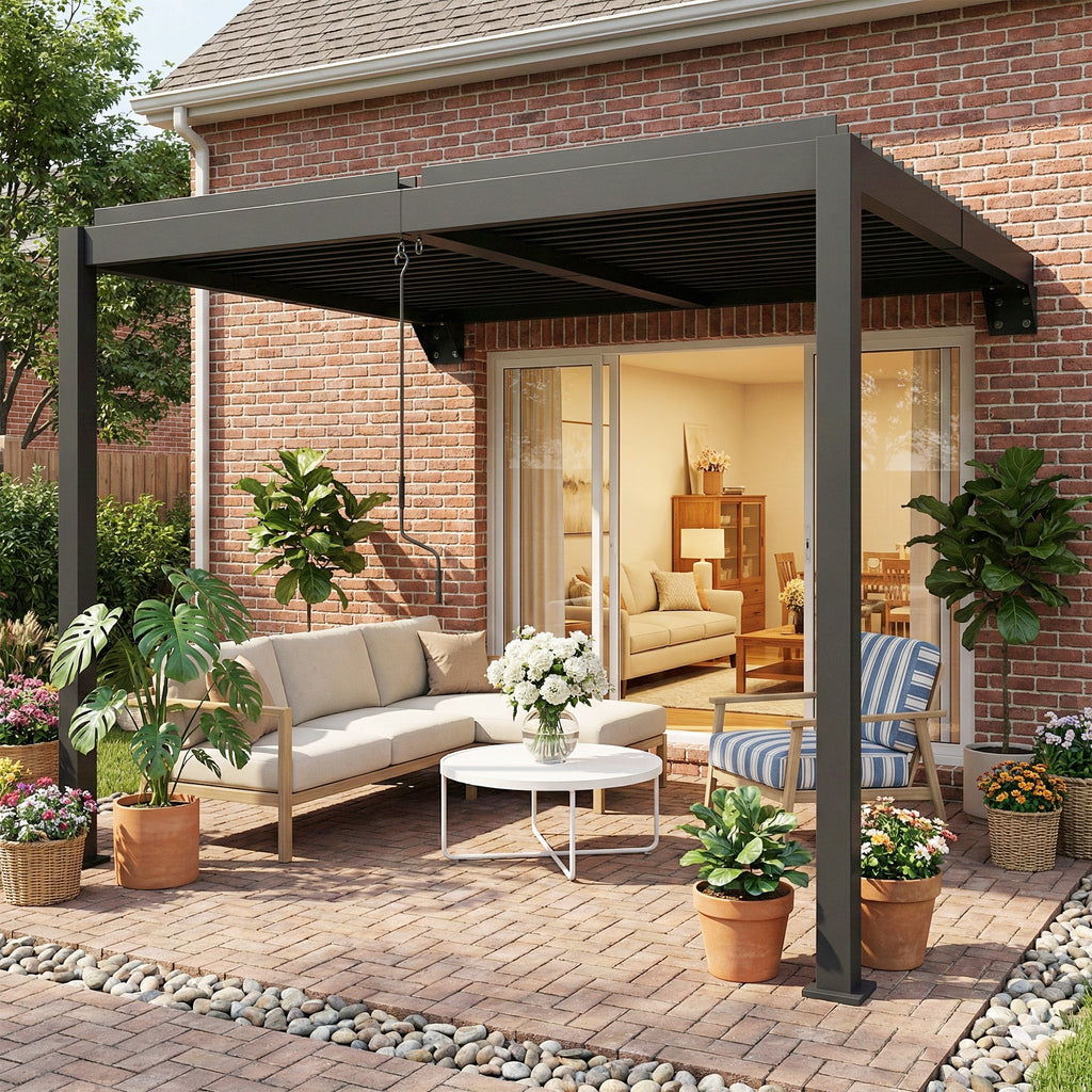 Pergola ca. 3x3 m Aluminium Terrassenüberdachung mit verstellbar Lamellendach Wandmontage Dunkelgrau