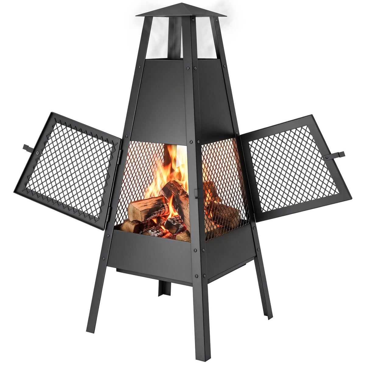 Feuerschale 41 x 40,5 x 97 Feuerstelle mit konischem Zugkamin Funkenschutz Kohlenstoffstahl Schwarz