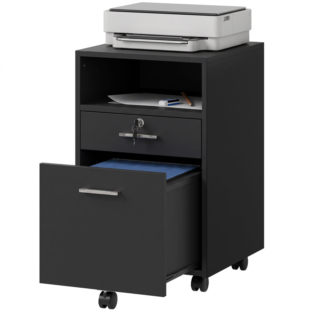 Büroschrank Rollcontainer, 2 Schubladen, eine Schublade abschließbar, 5 Rollen, Schwarz, 40 x 40 x 65 cm