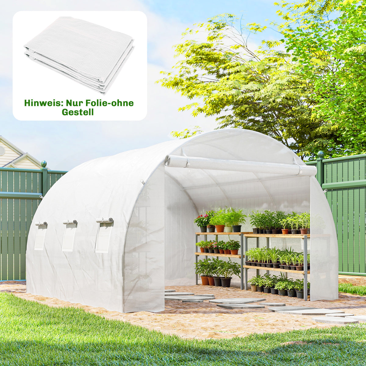 Gewächshausfolie 3 x 3 m, wasserdicht Polyethylenfolie mit Rolltür, 6 Fenster, UV Schutz NUR Folie Weiß