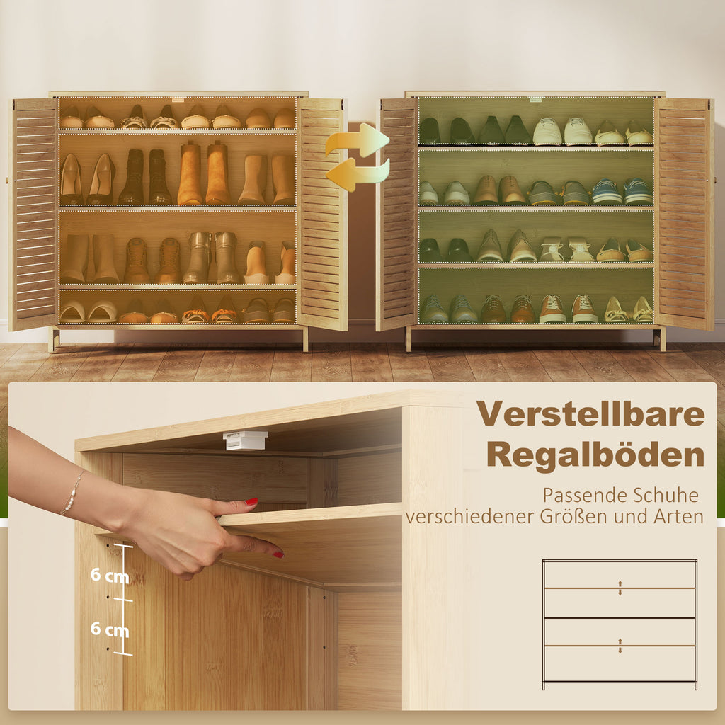 Bamboo Shoe Cabinet with Louvered Doors, 14 Pairs Shoe Storage Cabinet with Adjustable Shelves for Hallway, Natural