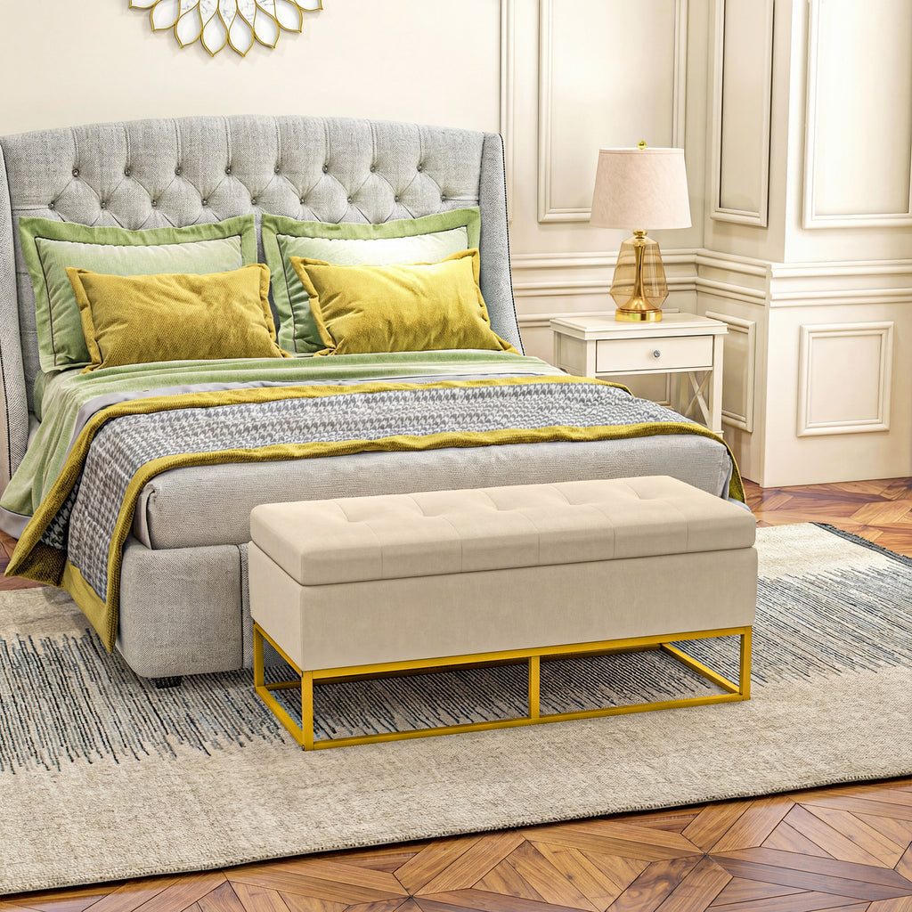 Sitzbank mit Stauraum, dekorative Knopfheftung, Flanelloptik, goldfarbene Stahlbeine, 110 x 47 x 46,5 cm