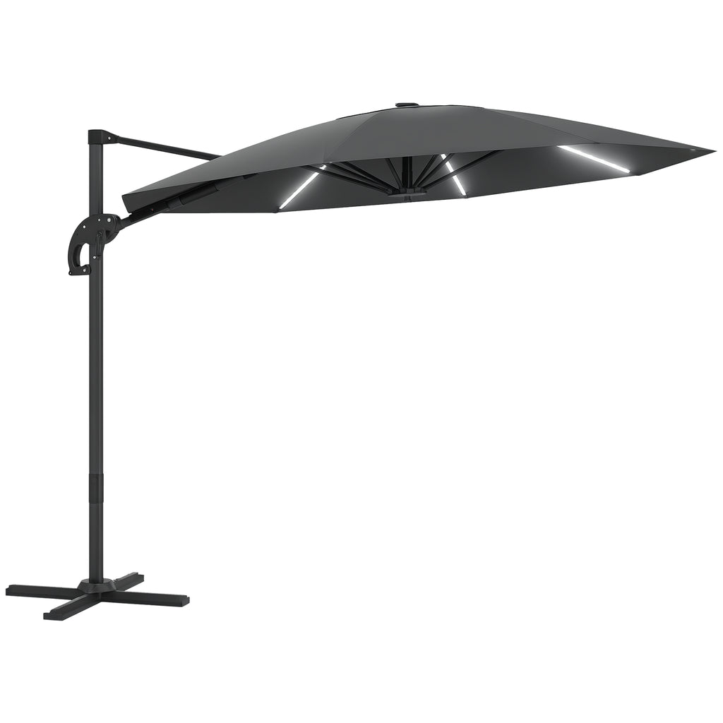 3(m) Cantilever Garden Parasol with Solar Powered Lights, Crank Handle & Cross Base, UPF 50+, 360¡ã Rotation, Dark Grey
