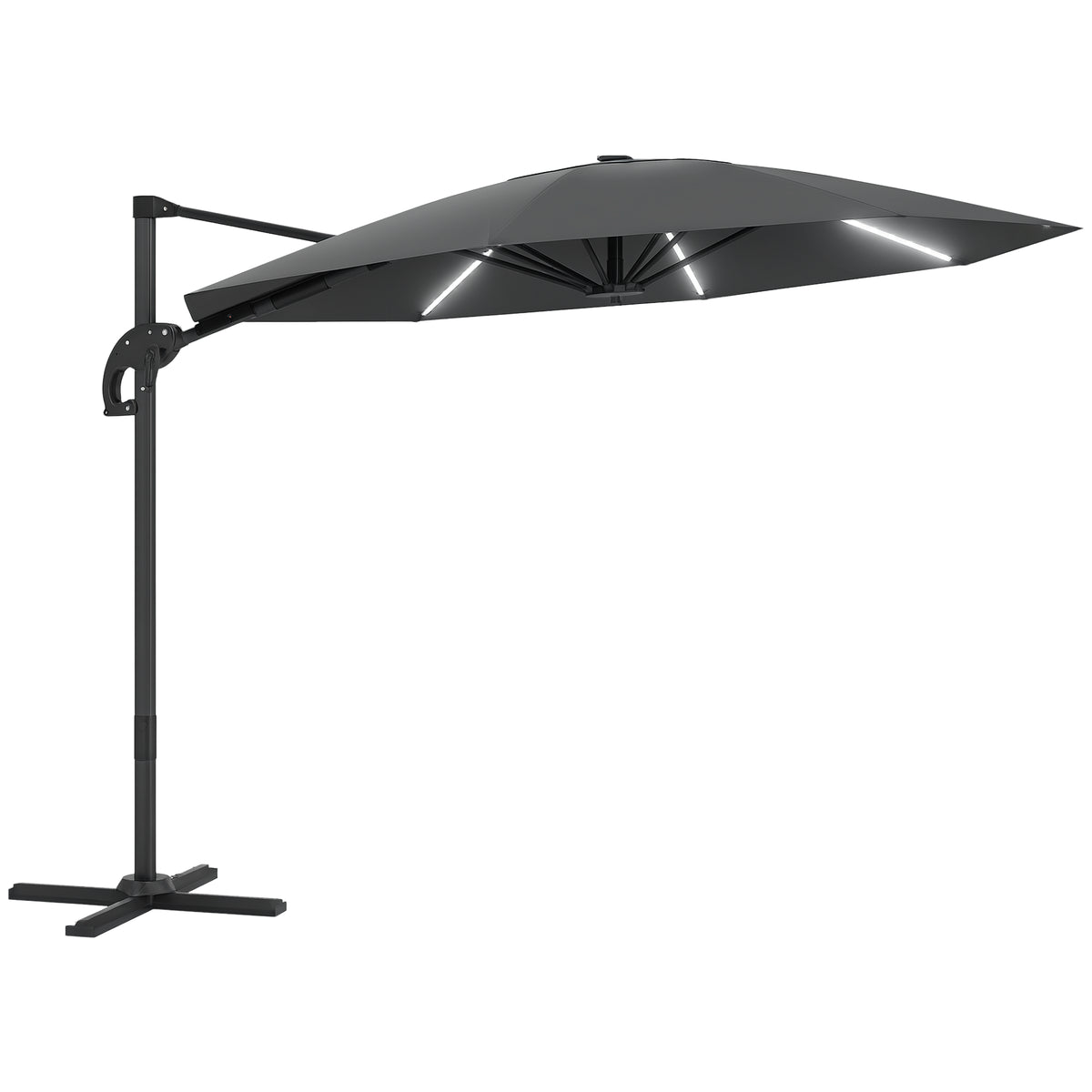 3(m) Cantilever Garden Parasol with Solar Powered Lights, Crank Handle & Cross Base, UPF 50+, 360¡ã Rotation, Dark Grey