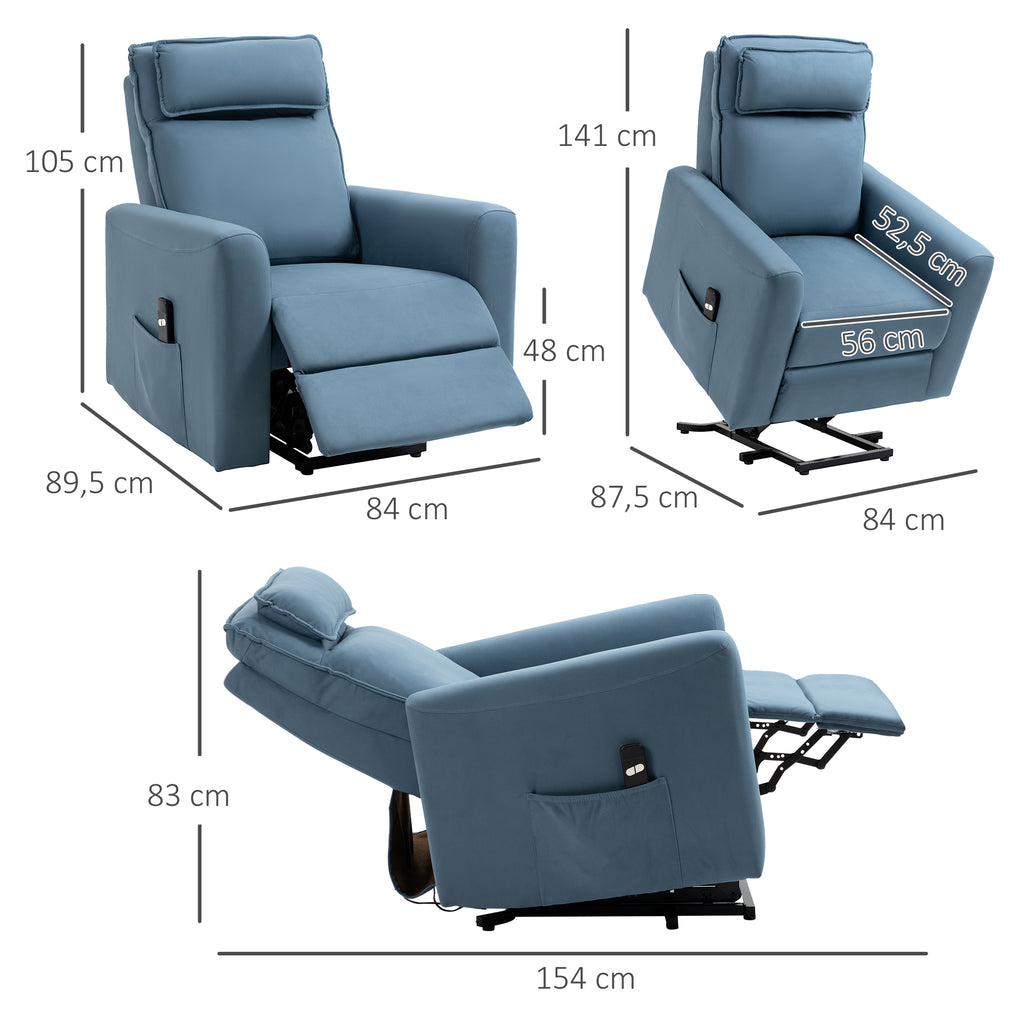 Aufstehhilfe Relaxsessel Fernsehsessel, integrierte Fu?st¨¹tze, Seitentasche, Kabelfernbedienung, 84 x 89,5 x 105 cm,Blau