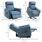 Aufstehhilfe Relaxsessel Fernsehsessel, integrierte Fu?st¨¹tze, Seitentasche, Kabelfernbedienung, 84 x 89,5 x 105 cm,Blau