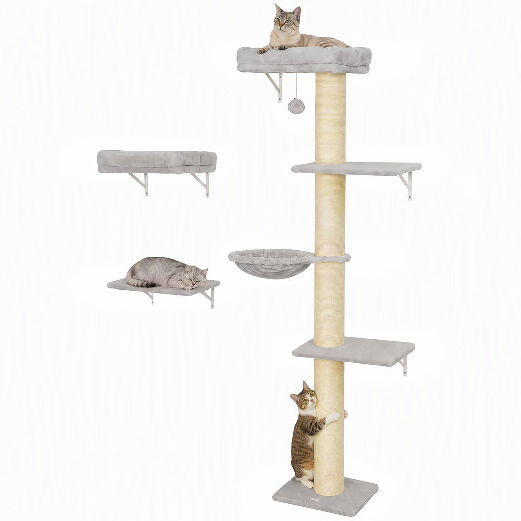 Kletterwand Katzen, 3-teilig Katzenkletterwand Set, Katzen Wandelemente mit Kratzbaum, Plattformen Hängematte