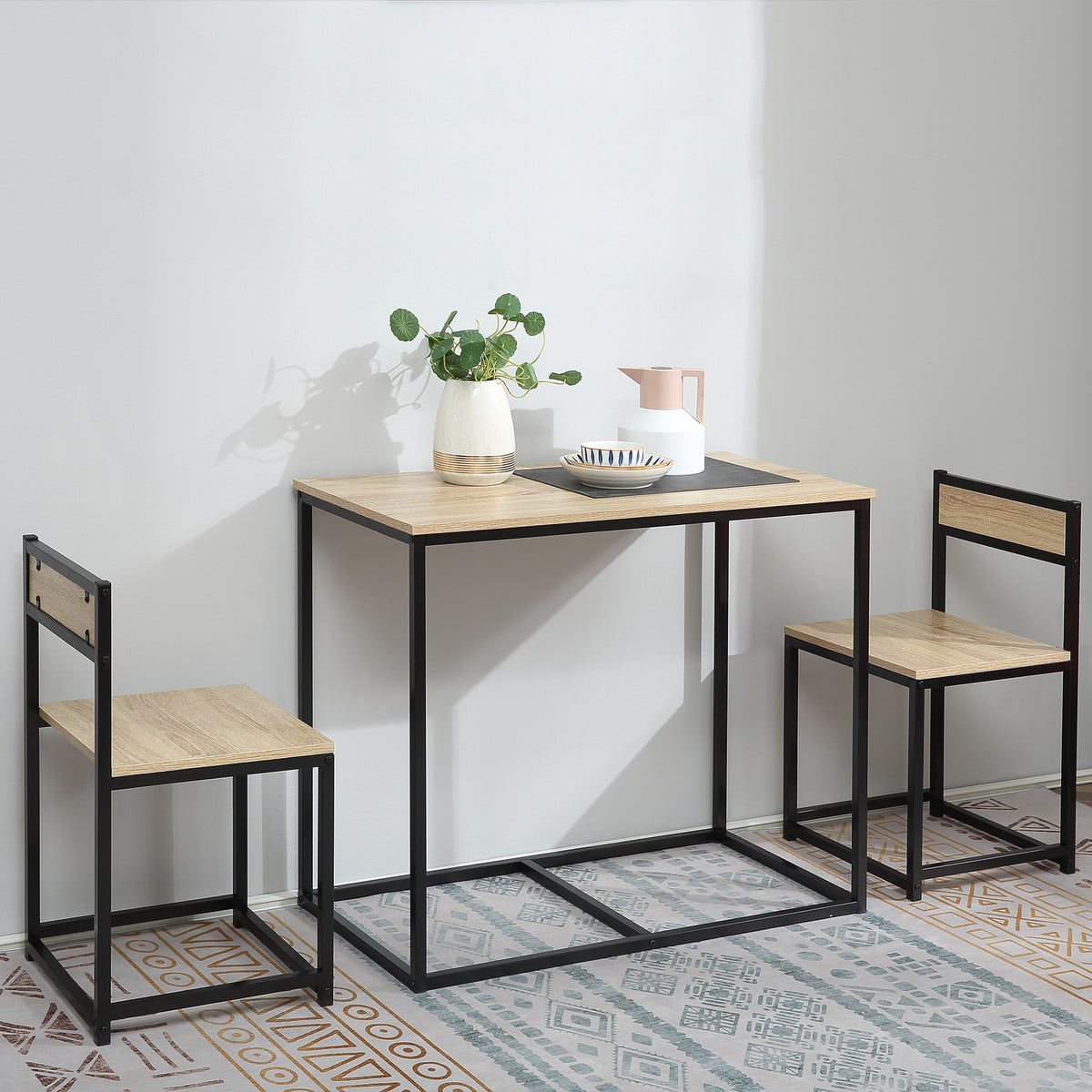 Esstisch-Set mit 2 Stühlen, Kompaktes Set aus Tisch und Stühlen für Esszimmer, Wohnzimmer, Küche, mit Metallrahmen