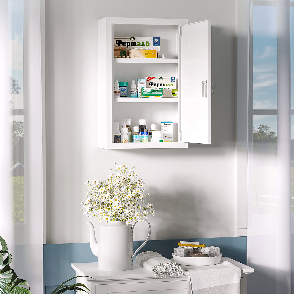 Medizinschrank, abschlie?bar, Einlegeb?den, Stahlgeh?use, 30x14x46 cm, Wei?