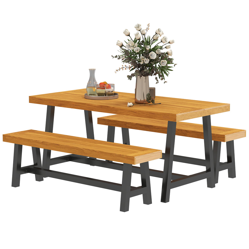 Sitzgruppe 3-teilig Holz Essgruppe für 4 Personen Esstisch mit 2 Bänke Teak