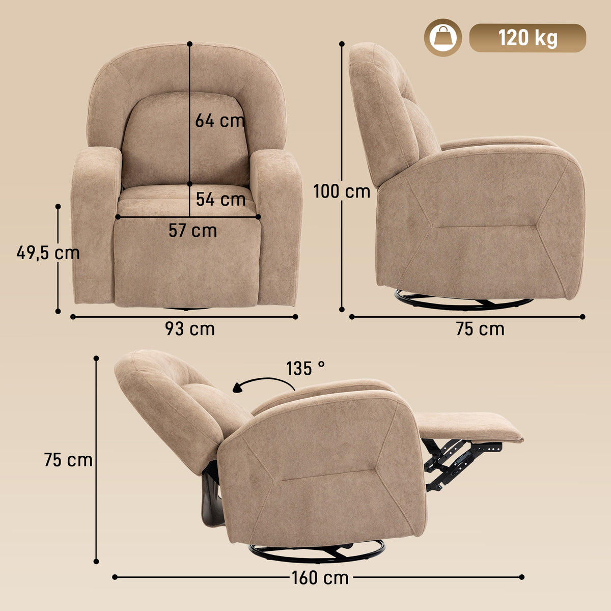 Relaxsessel, 360° Drehbarer Liegesessel mit Wolkenweichem Samtstoff, Breitem Sitz, für Wohnzimmer, Khaki