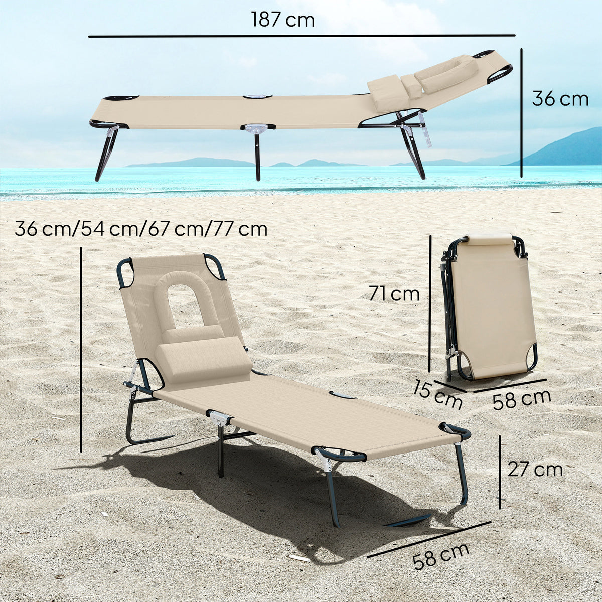 Sonnenliege mit Gesichtsloch & Kissen, klappbar, wasserabweisender Bezug, Metallrahmen, Beige
